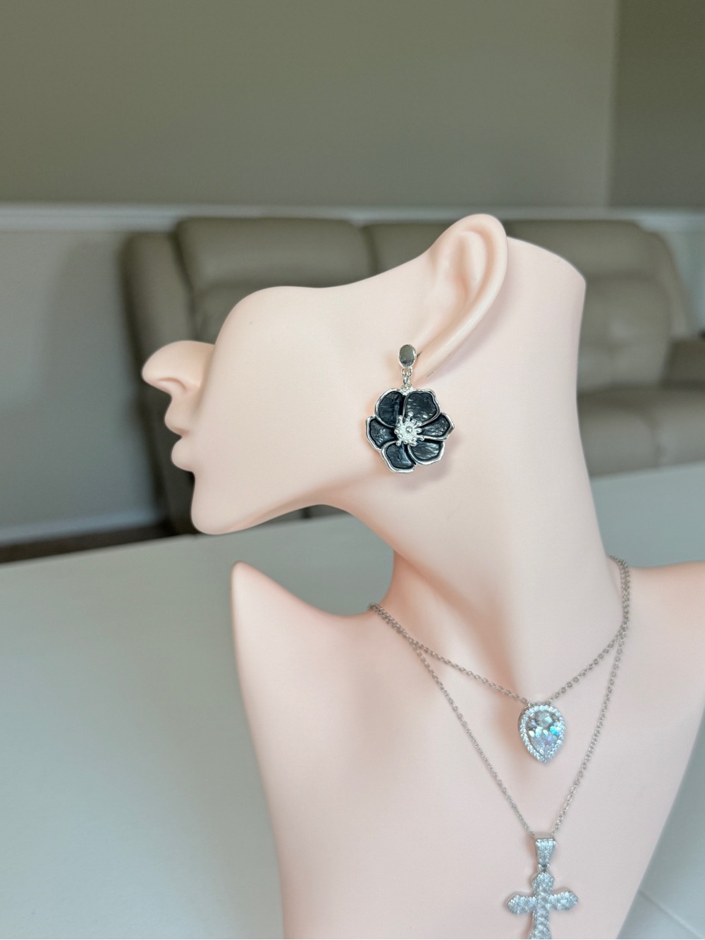 Silver-Tone Black Flower Drop Earrings - Elegant Floral Jewelry